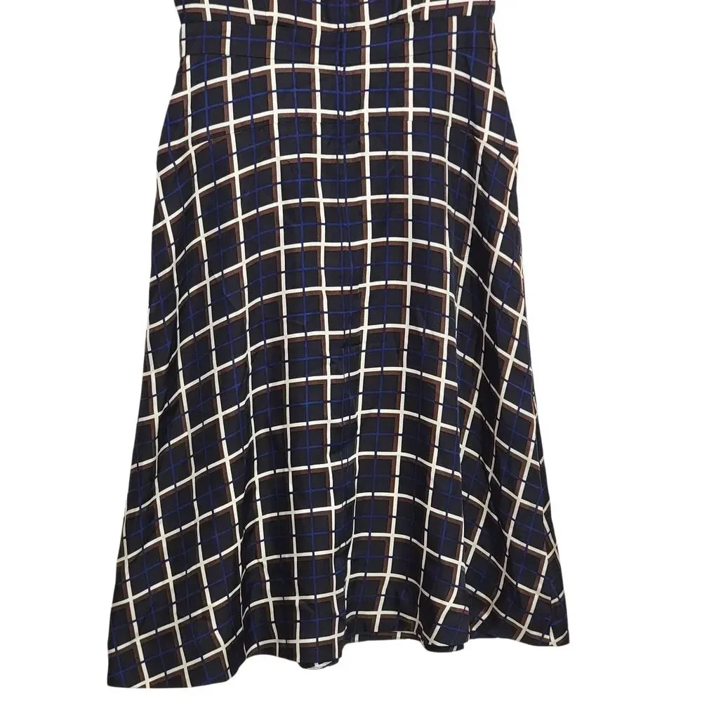 J.Crew Silk Windowpane A-Line Midi Dress Black Tan Navy Jewel Neck Classic 4 NWT